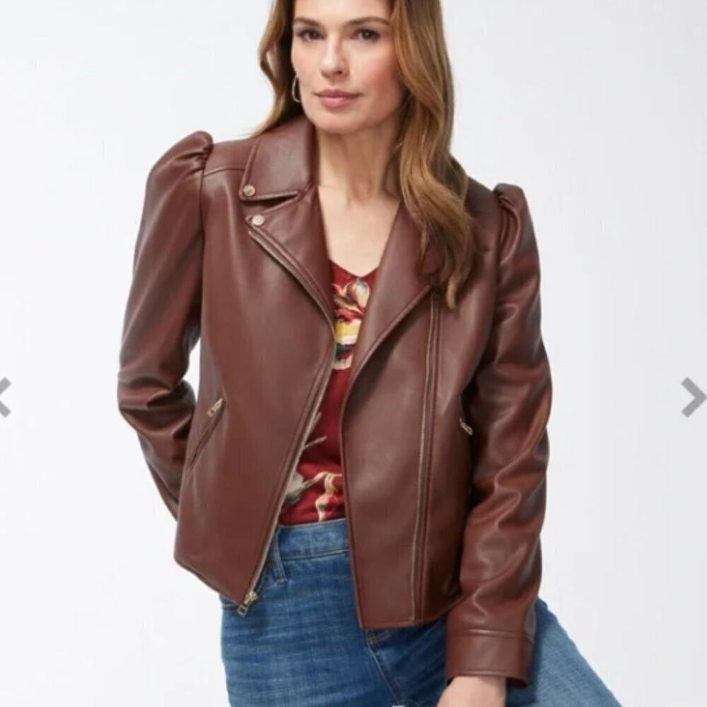 Chico's Faux Leather Cropped Moto Jacket in‎ Chocolate Brown Size 14 (2.5)